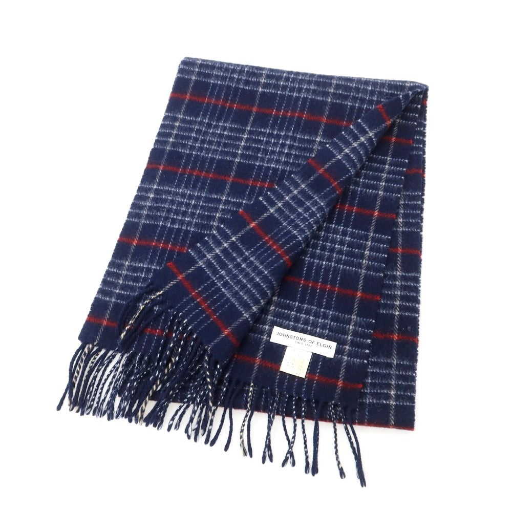 【中古】ジョンストンズ JOHNSTONS ウールアンゴラ チェック マフラー ネイビーxホワイト【 状態ランクB 】【 メンズ 】 [BPD]