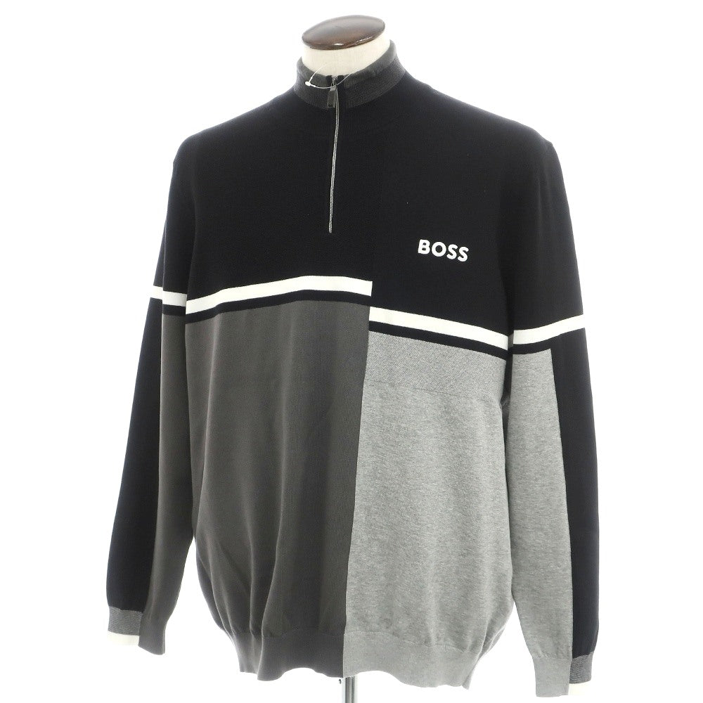 【中古】ボス BOSS コットン ナイロンポリウレタン 切り替えデザイン ハーフジップ プルオーバーニット ブラックxグレー【サイズXXL】【 状態ランクB 】【 メンズ 】