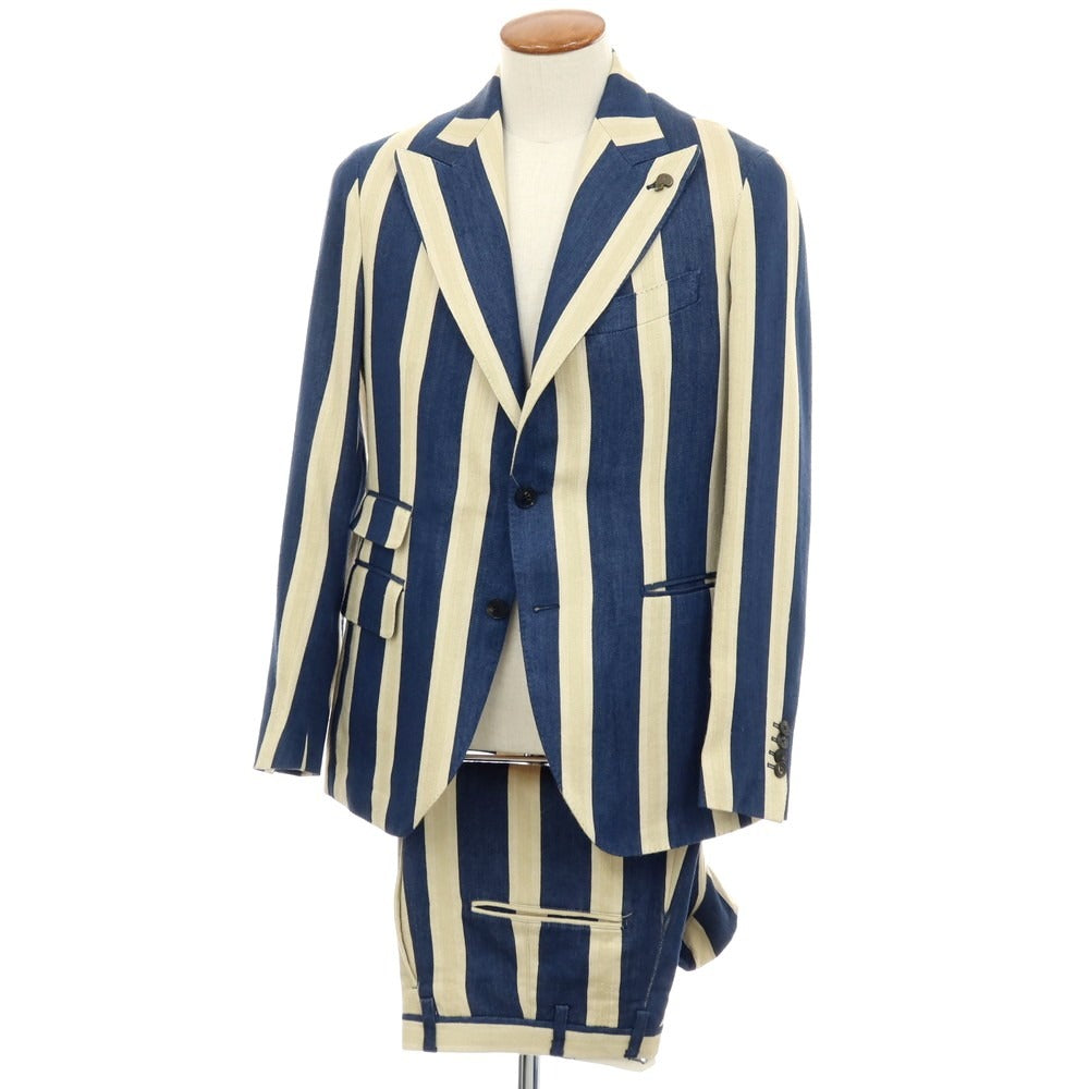 【中古】ガブリエレ パジーニ Gabriele Pasini リネンシルクコットン ストライプ 3つボタンスーツ セットアップ ネイビーxベージュ【サイズ上48/下46】【 状態ランクB 】【 メンズ 】