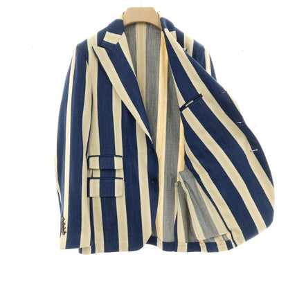 【中古】ガブリエレ パジーニ Gabriele Pasini リネンシルクコットン ストライプ 3つボタンスーツ セットアップ ネイビーxベージュ【サイズ上48/下46】【 状態ランクB 】【 メンズ 】