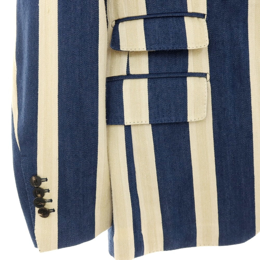 【中古】ガブリエレ パジーニ Gabriele Pasini リネンシルクコットン ストライプ 3つボタンスーツ セットアップ ネイビーxベージュ【サイズ上48/下46】【 状態ランクB 】【 メンズ 】
