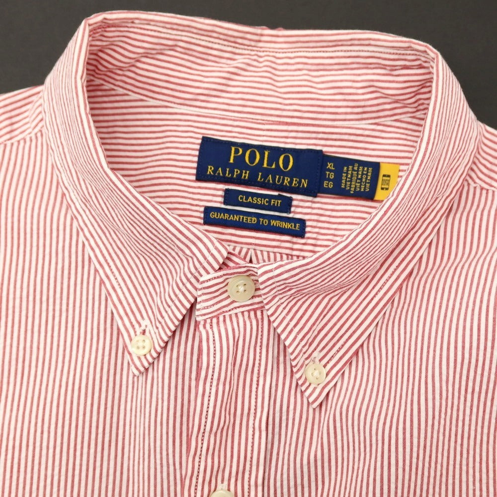 【中古】ポロ ラルフローレン Polo Ralph Lauren コットン シアサッカー ストライプ ボタンダウン 半袖シャツ レッドxホワイト【サイズXL】【 状態ランクB 】【 メンズ 】