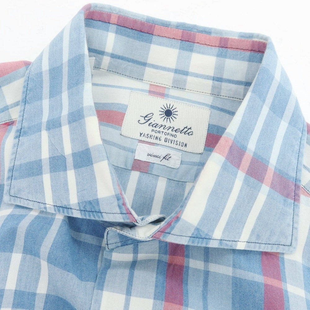 【中古】ジャンネット giannetto チェック カジュアルシャツ ライトブルーxピンク【 39 】【 状態ランクC 】【 メンズ 】