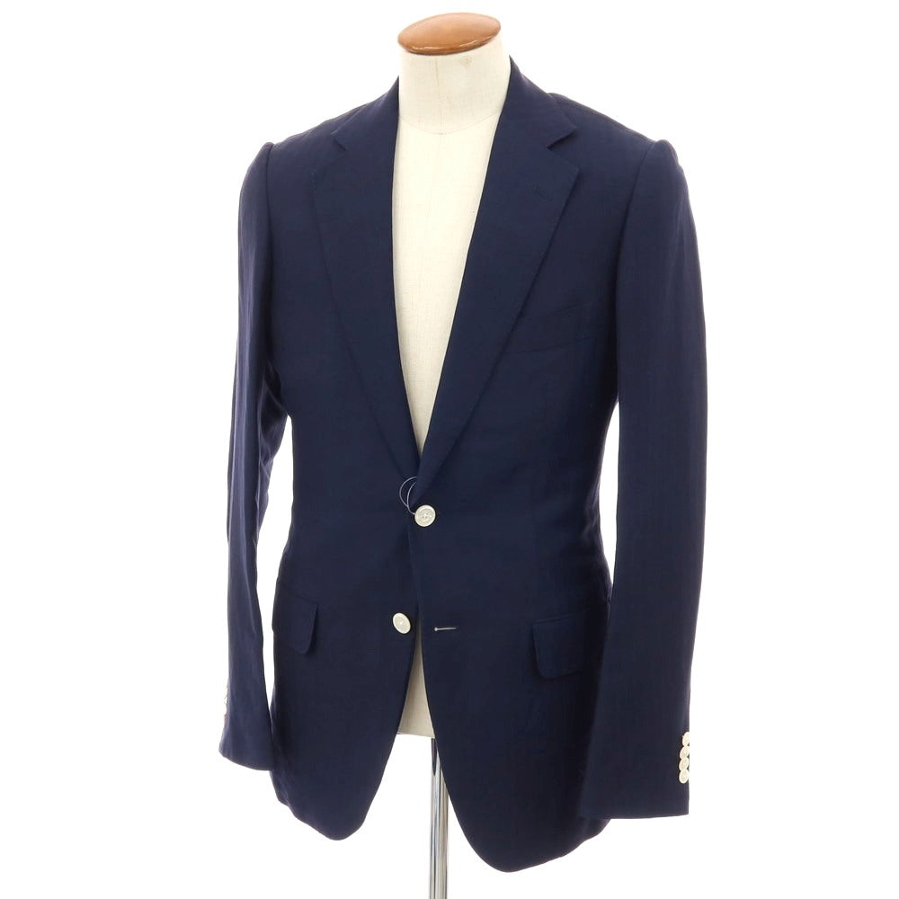 【中古】トゥモローランド TOMORROWLAND ウールリネン ヘリンボーンストライプ 2B テーラードジャケット ネイビー【サイズ48】【 状態ランクC 】【 メンズ 】