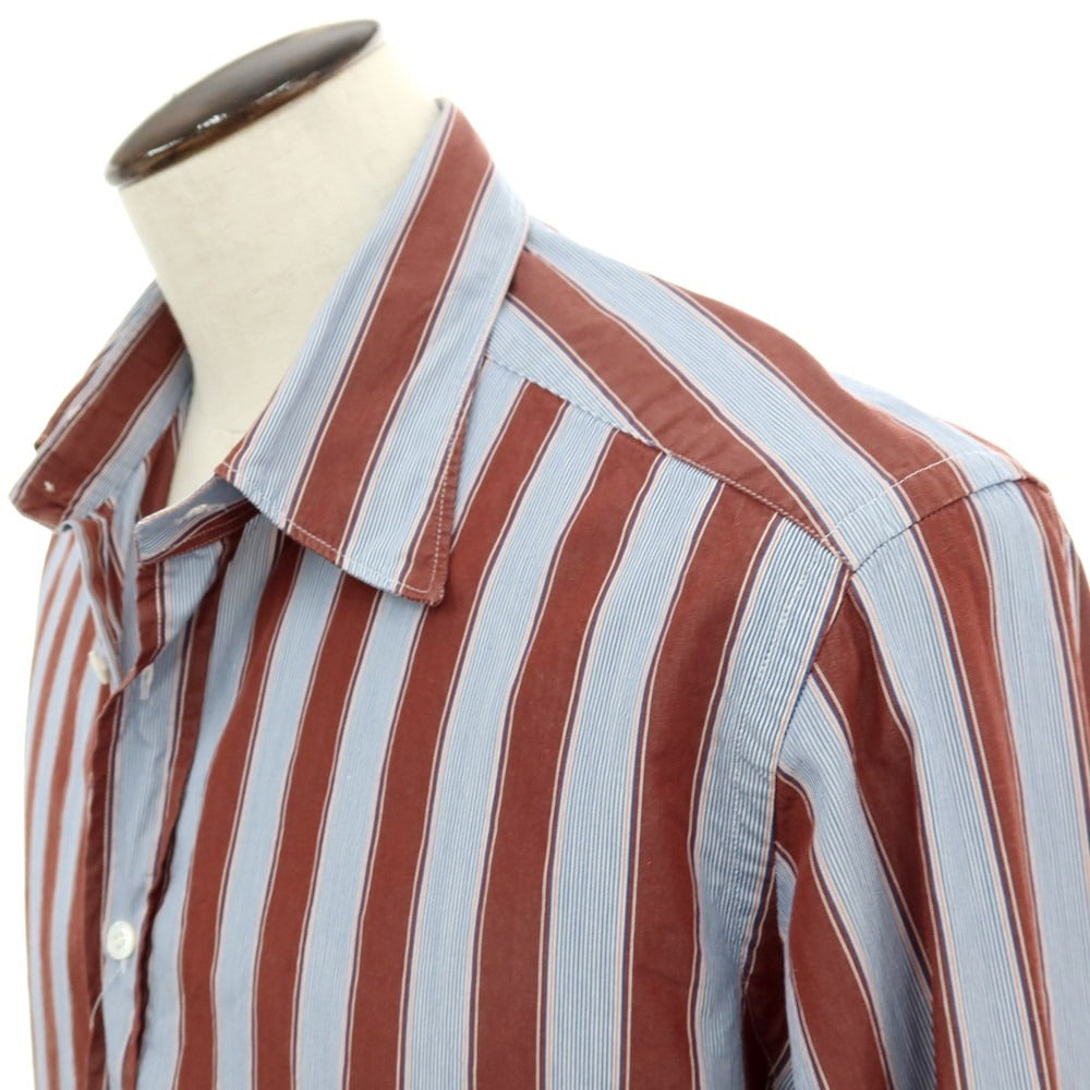 【中古】バグッタ Bagutta コットン ストライプ レギュラーカラー カジュアルシャツ ブラウンxホワイト【サイズXL】【 状態ランクB 】【 メンズ 】