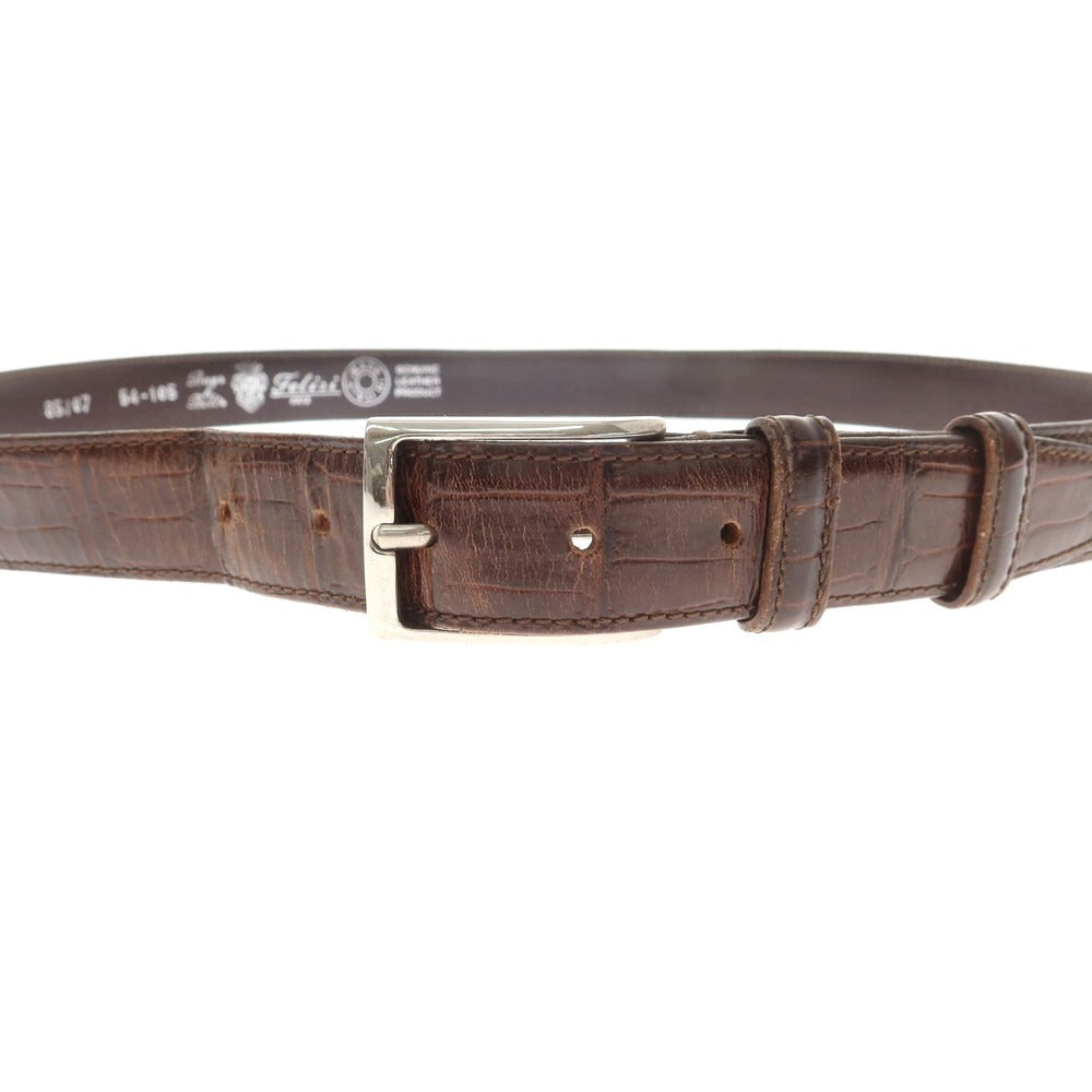 【中古】フェリージ Felisi クロコダイル型押しレザー ベルト ブラウンxシルバー【 85 】【 状態ランクC 】【 メンズ 】