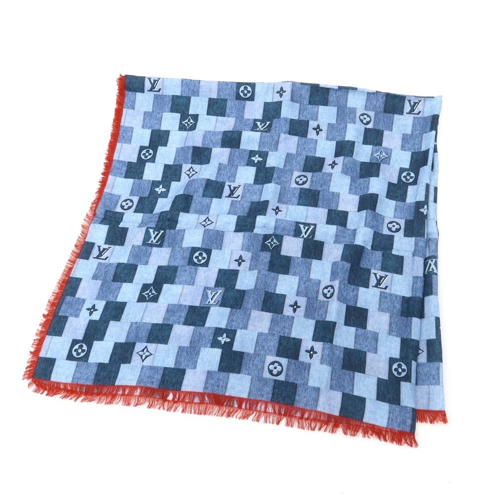 【中古】ルイ ヴィトン LOUIS VUITTON ウールシルク デニム モノグラム パッチワーク プリント ショール ブルー【 状態ランクB 】【 ユニセックス 】