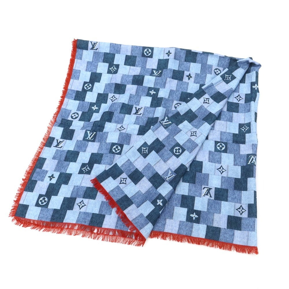 【中古】ルイ ヴィトン LOUIS VUITTON ウールシルク デニム モノグラム パッチワーク プリント ショール ブルー【 状態ランクB 】【 ユニセックス 】