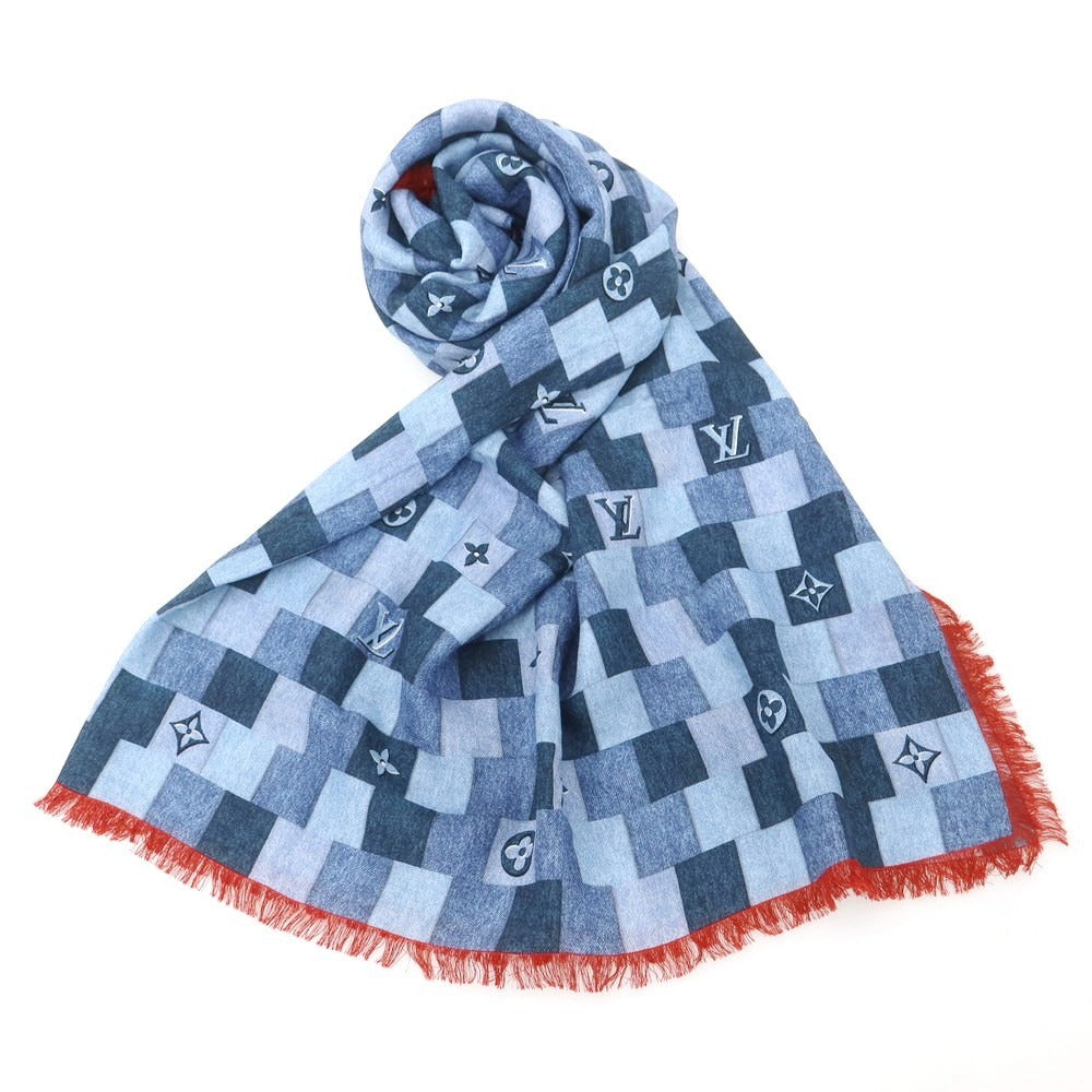 【中古】ルイ ヴィトン LOUIS VUITTON ウールシルク デニム モノグラム パッチワーク プリント ショール ブルー【 状態ランクB 】【 ユニセックス 】