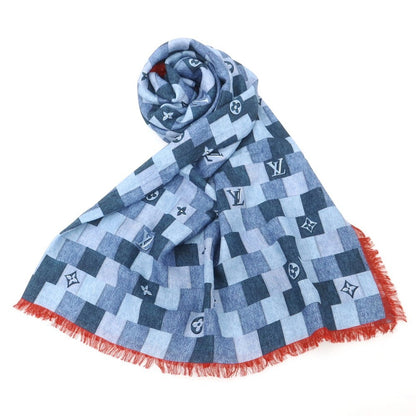 【中古】ルイ ヴィトン LOUIS VUITTON ウールシルク デニム モノグラム パッチワーク プリント ショール ブルー【 状態ランクB 】【 ユニセックス 】