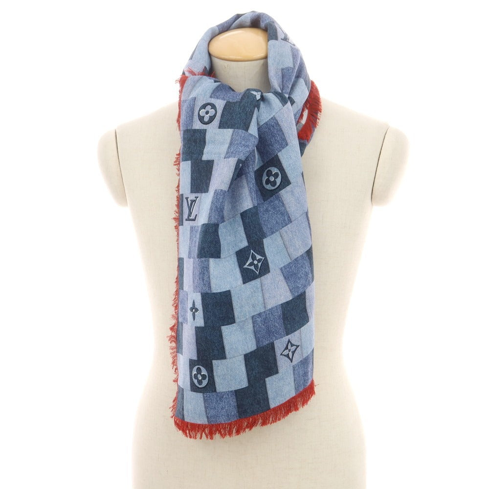 【中古】ルイ ヴィトン LOUIS VUITTON ウールシルク デニム モノグラム パッチワーク プリント ショール ブルー【 状態ランクB 】【 ユニセックス 】