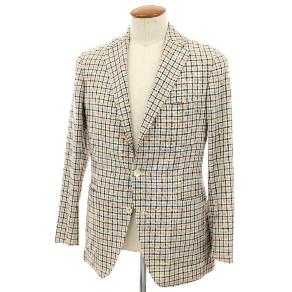 【中古】ベルベスト Belvest ウールシルクリネン チェック 3B テーラードジャケット ベージュxネイビー【サイズ46】【 状態ランクB 】【 メンズ 】