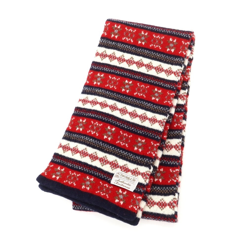 【中古】インバーアラン INVERALLAN ウール系 ニット フェアアイル柄 マフラー レッドxホワイト【 状態ランクB 】【 メンズ 】