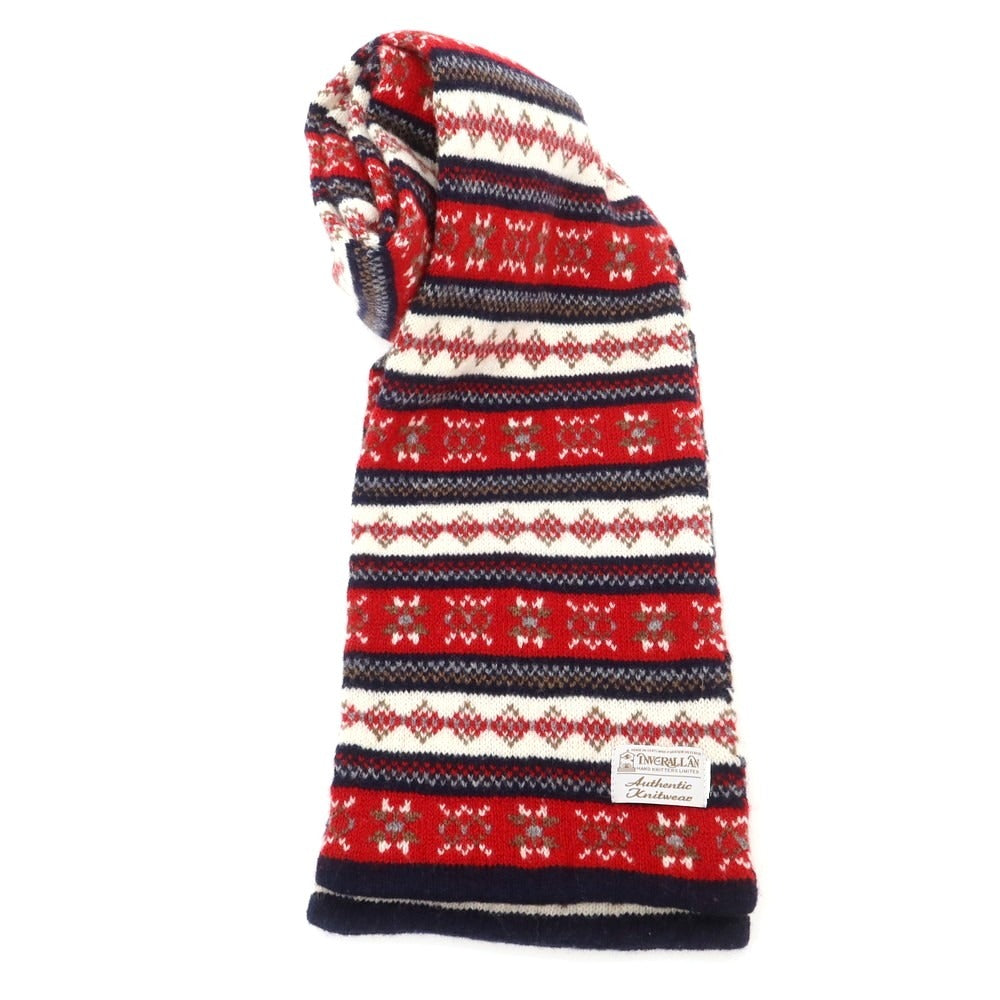 【中古】インバーアラン INVERALLAN ウール系 ニット フェアアイル柄 マフラー レッドxホワイト【 状態ランクB 】【 メンズ 】