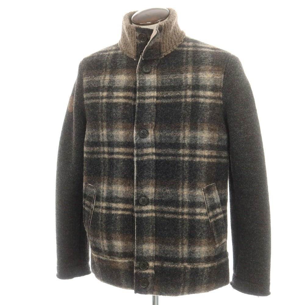 【中古】フレッド メロー Fred Mello ウールポリエステルアクリル チェック スタンドカラー ニットブルゾン ダークグレーxベージュ【 XXL 】【 状態ランクB 】【 メンズ 】