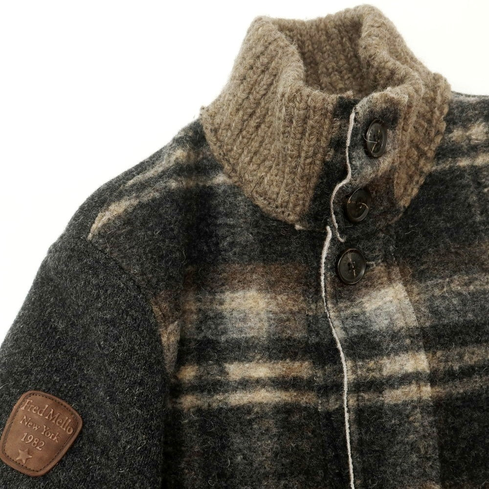 【中古】フレッド メロー Fred Mello ウールポリエステルアクリル チェック スタンドカラー ニットブルゾン ダークグレーxベージュ【 XXL 】【 状態ランクB 】【 メンズ 】