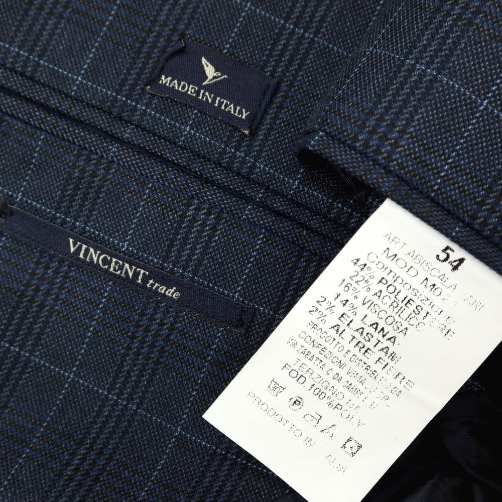 【中古】ヴィンセント トレード VINCENT TRADE ポリエステルアクリルレーヨンウールポリウレタン チェック 2つボタンスーツ ネイビー【サイズ54】【 状態ランクB 】【 メンズ 】[DPD]