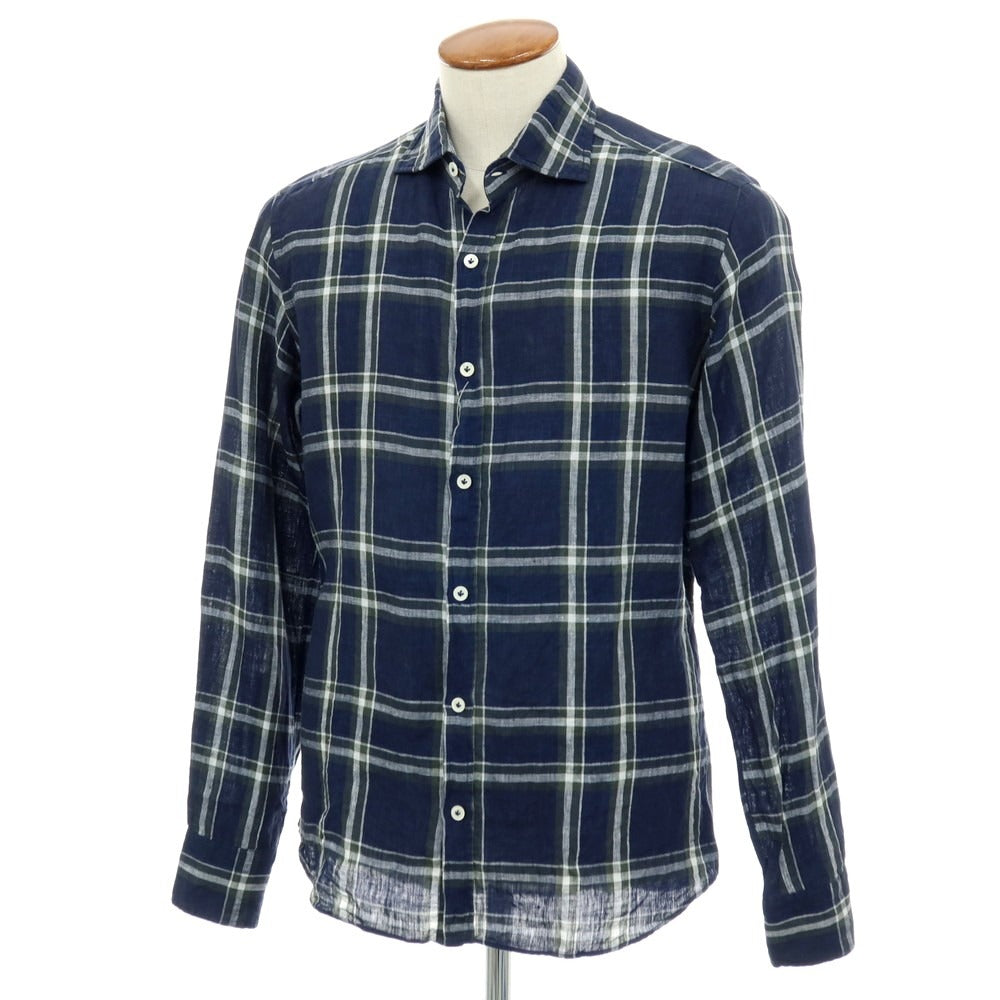【中古】ジャンネット giannetto リネン チェック ワイドカラー カジュアルシャツ ネイビーxグリーン【サイズM】【 状態ランクC 】【 メンズ 】