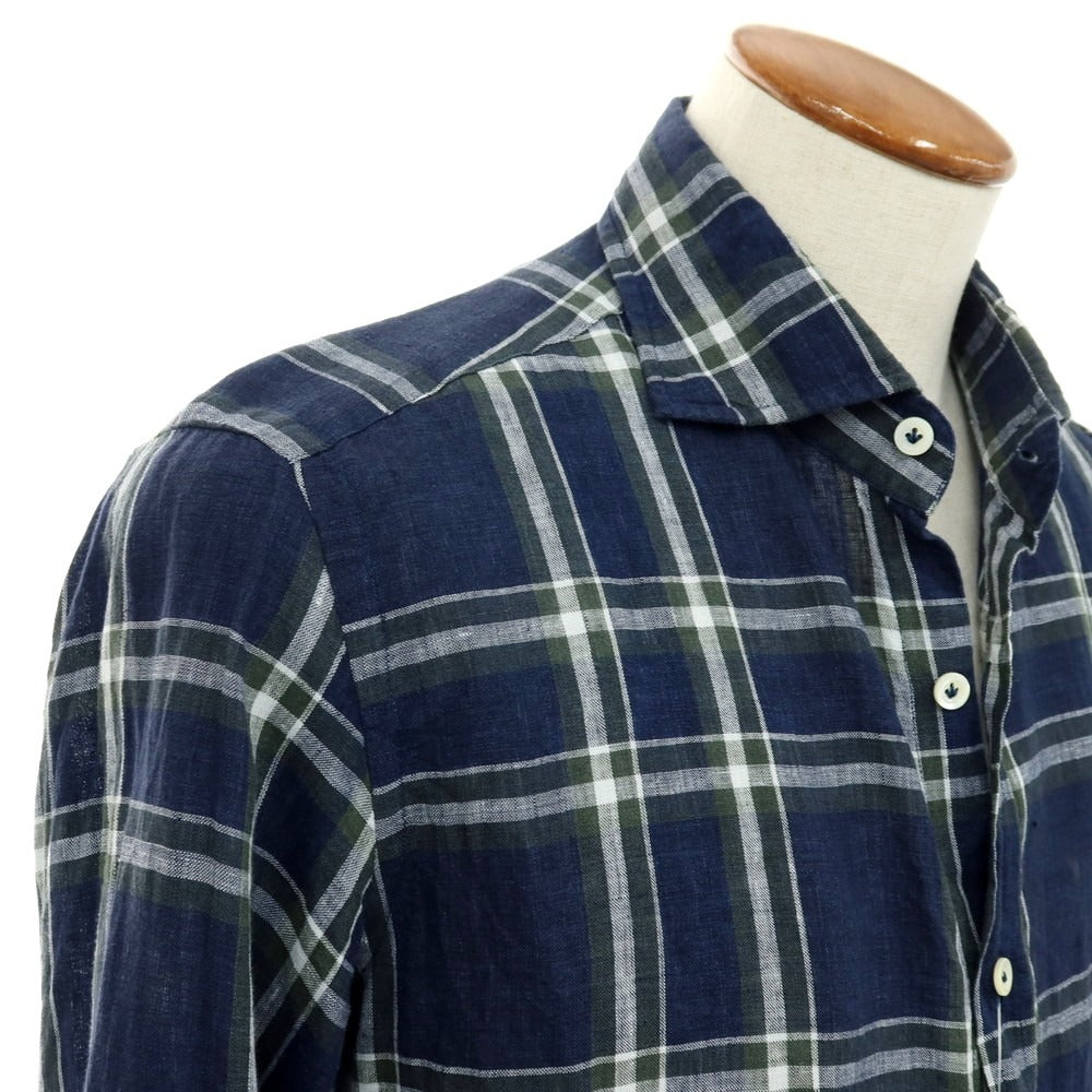 【中古】ジャンネット giannetto リネン チェック ワイドカラー カジュアルシャツ ネイビーxグリーン【サイズM】【 状態ランクC 】【 メンズ 】