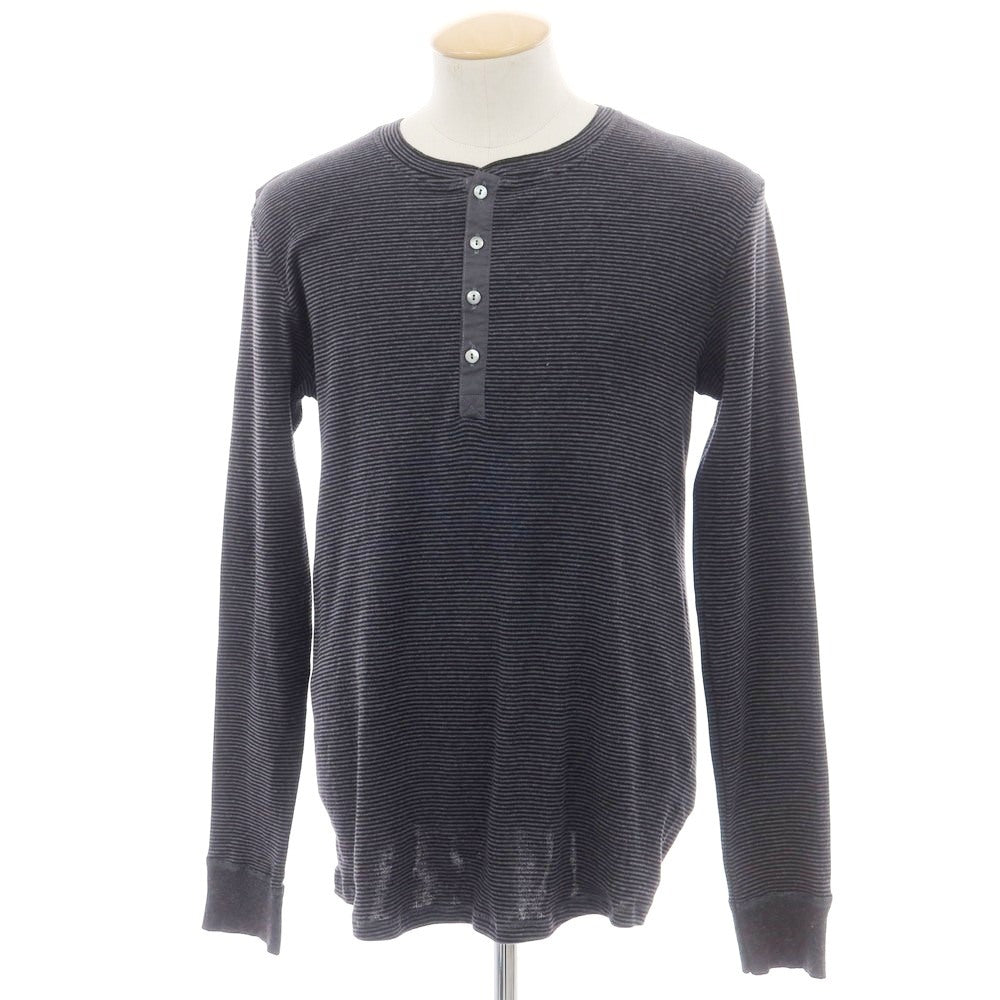 【中古】シーサー Schiesser コットン ボーダー ヘンリーネック 長袖Ｔシャツ ダークグレーxブラック【 S/4 】【 状態ランクB 】【 メンズ 】