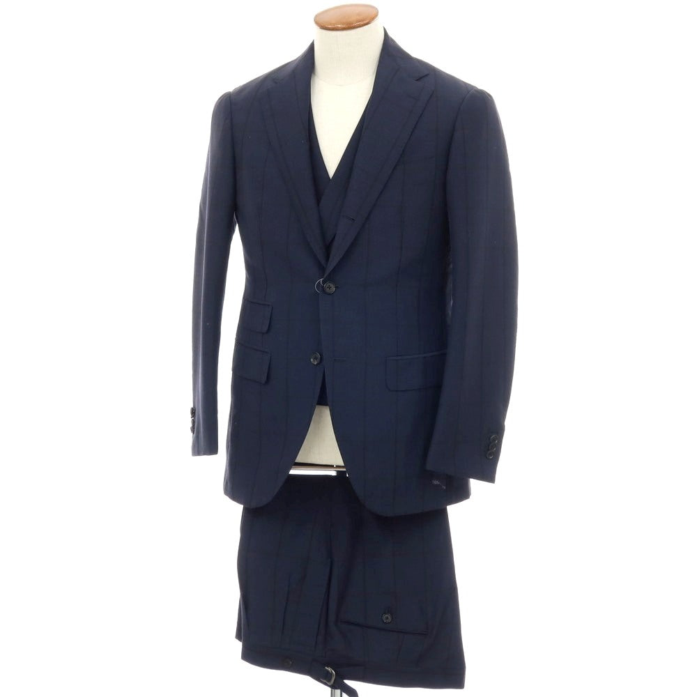 【中古】ブリッラ ペル イル グスト Brilla per il gusto スリーピース モヘヤウール チェック 3つボタンスーツ ネイビー【サイズ46】【 状態ランクC 】【 メンズ 】