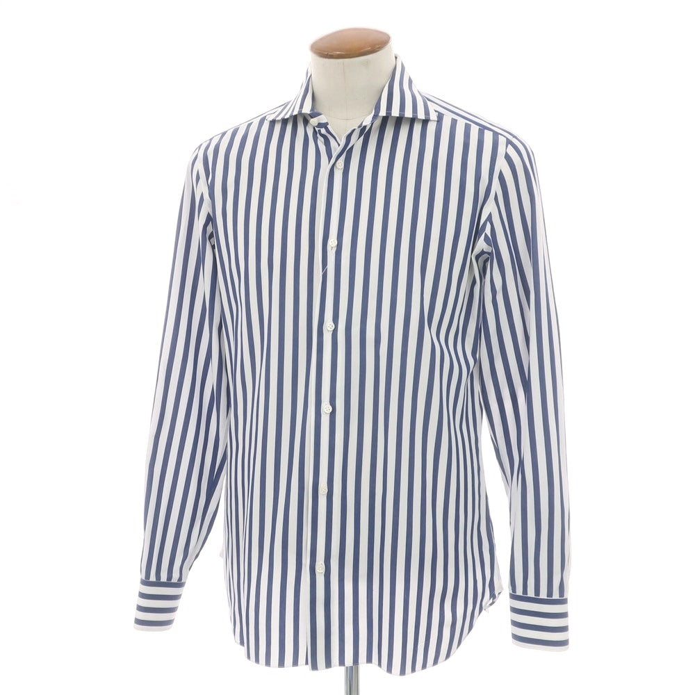 【中古】ルイジ ボレッリ Luigi Borrelli コットン ストライプ ワイドカラー ドレスシャツ ホワイトxネイビー【 40 】【 状態ランクB 】【 メンズ 】