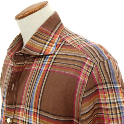 【中古】ジャンネット giannetto リネン チェック ワイドカラー カジュアルシャツ ブラウンxマルチカラー【サイズ40】【 状態ランクB 】【 メンズ 】