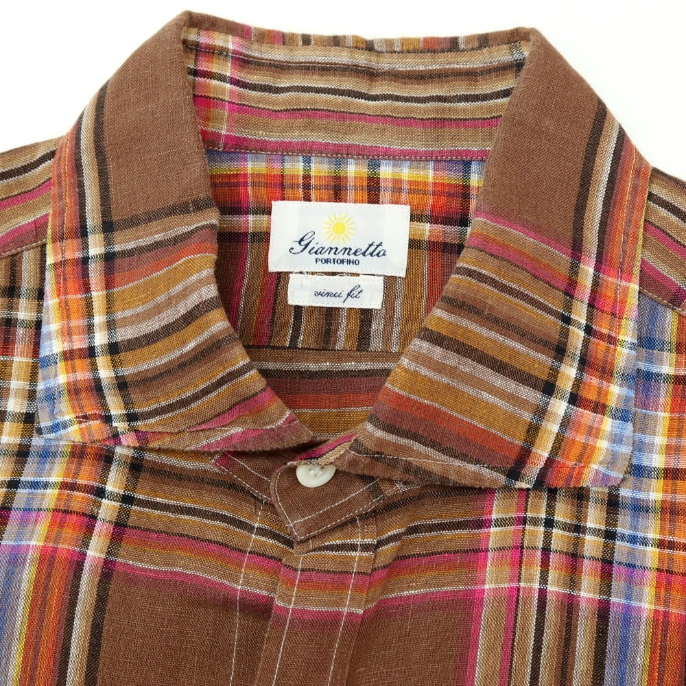 【中古】ジャンネット giannetto リネン チェック ワイドカラー カジュアルシャツ ブラウンxマルチカラー【サイズ40】【 状態ランクB 】【 メンズ 】
