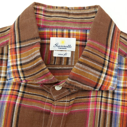 【中古】ジャンネット giannetto リネン チェック ワイドカラー カジュアルシャツ ブラウンxマルチカラー【サイズ40】【 状態ランクB 】【 メンズ 】