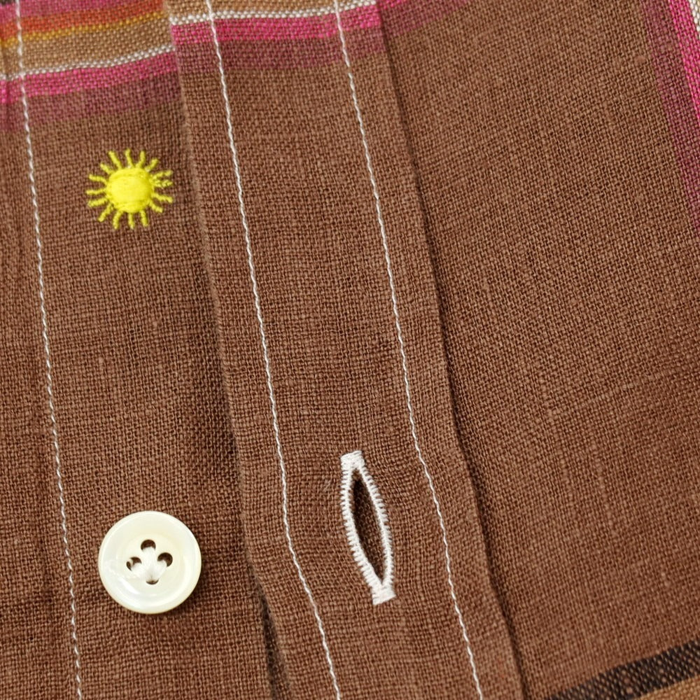 【中古】ジャンネット giannetto リネン チェック ワイドカラー カジュアルシャツ ブラウンxマルチカラー【サイズ40】【 状態ランクB 】【 メンズ 】