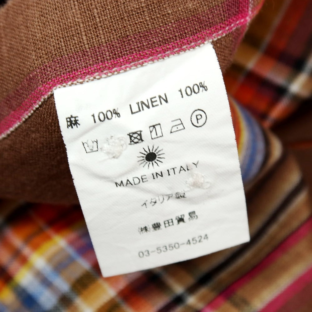 【中古】ジャンネット giannetto リネン チェック ワイドカラー カジュアルシャツ ブラウンxマルチカラー【サイズ40】【 状態ランクB 】【 メンズ 】