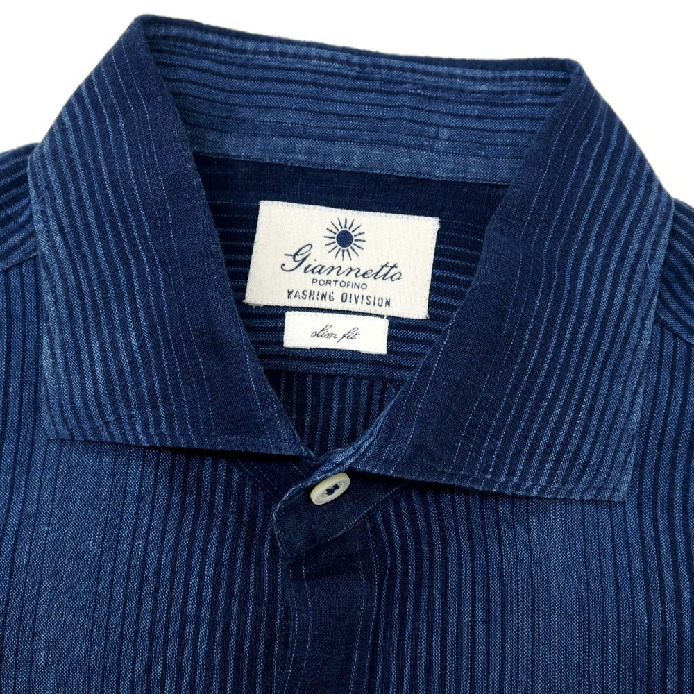 【中古】ジャンネット giannetto WASHING DIVISION リネン ワイドカラー カジュアルシャツ ネイビーxブルー【サイズ40】【 状態ランクB 】【 メンズ 】