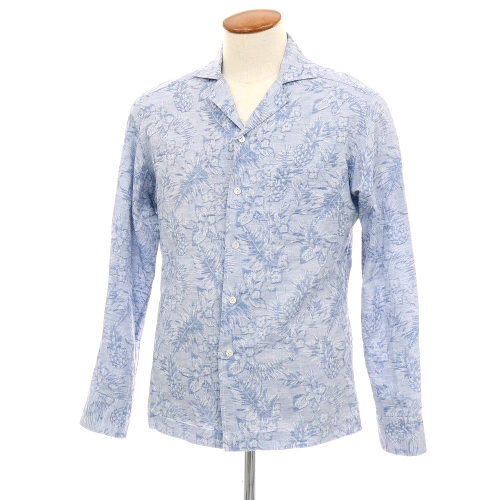 【中古】バグッタ Bagutta コットンリネン ジャカード トロピカル柄 オープンカラー カジュアルシャツ ブルー【サイズM】【 状態ランクB 】【 メンズ 】