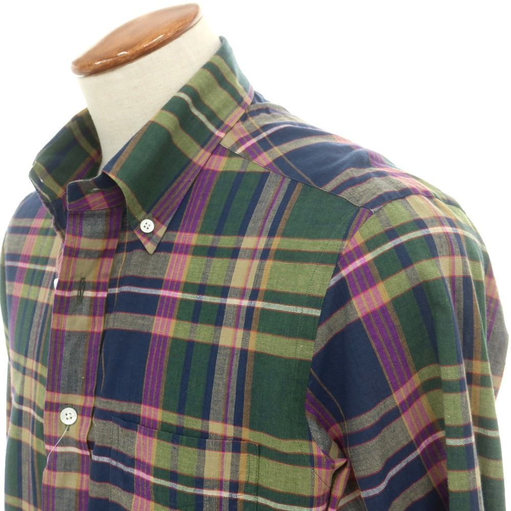 【中古】ビームスエフ BEAMS F コットン チェック ボタンダウン カジュアルシャツ ネイビーxグリーン【 40 】【 状態ランクB 】【 メンズ 】