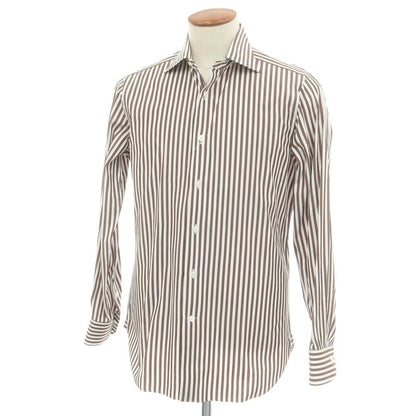 【中古】ビームスエフ BEAMS F コットン ストライプ セミワイドカラー ドレスシャツ ホワイトxブラウン【 40 】【 状態ランクB 】【 メンズ 】