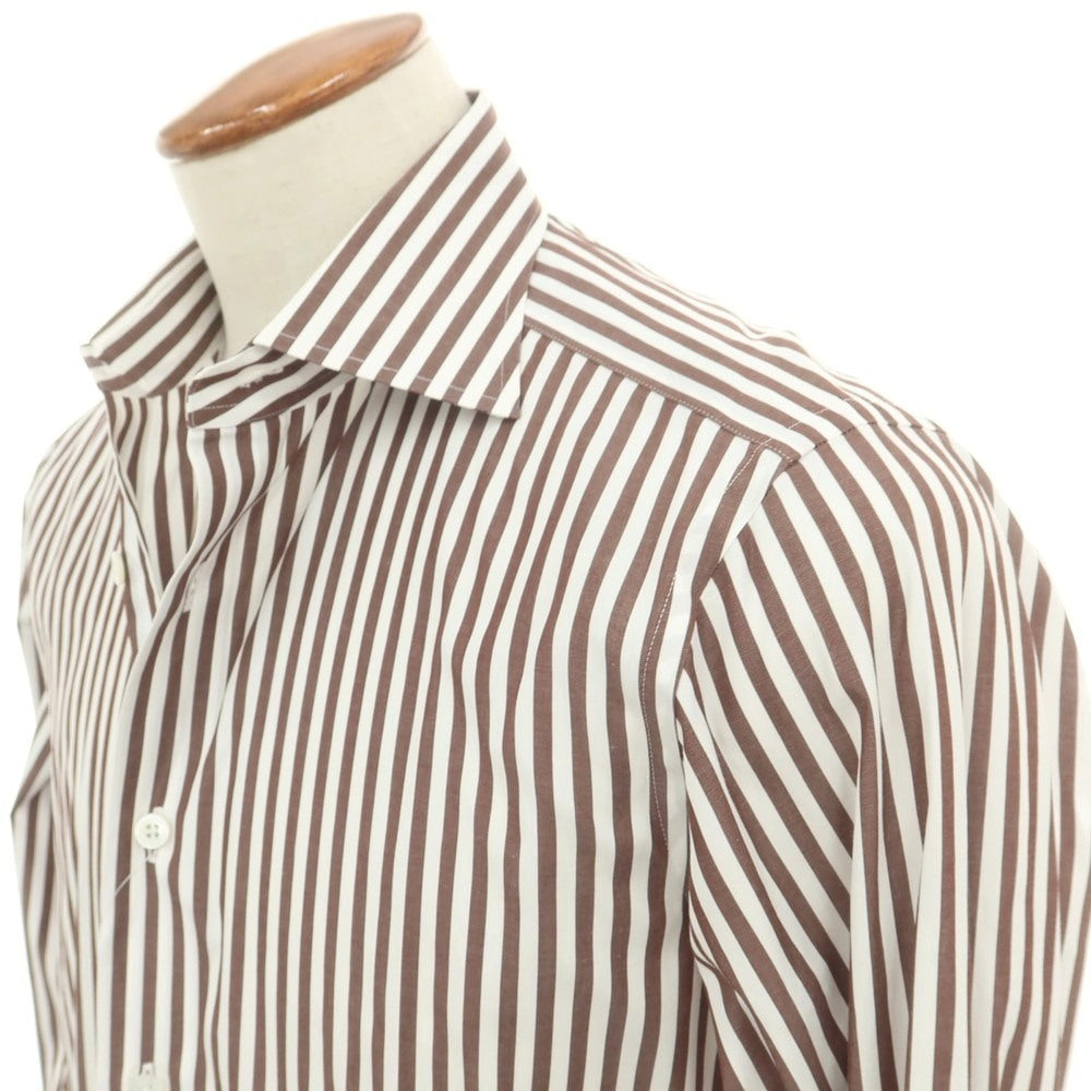 【中古】ビームスエフ BEAMS F コットン ストライプ セミワイドカラー ドレスシャツ ホワイトxブラウン【 40 】【 状態ランクB 】【 メンズ 】