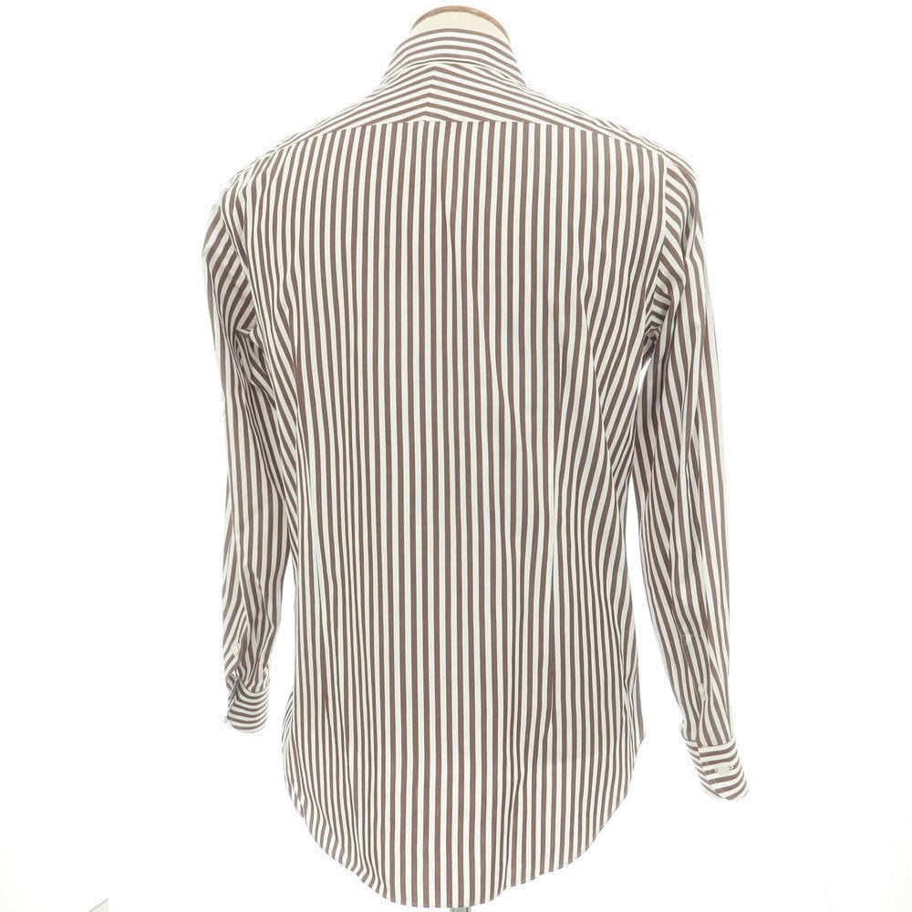 【中古】ビームスエフ BEAMS F コットン ストライプ セミワイドカラー ドレスシャツ ホワイトxブラウン【 40 】【 状態ランクB 】【 メンズ 】