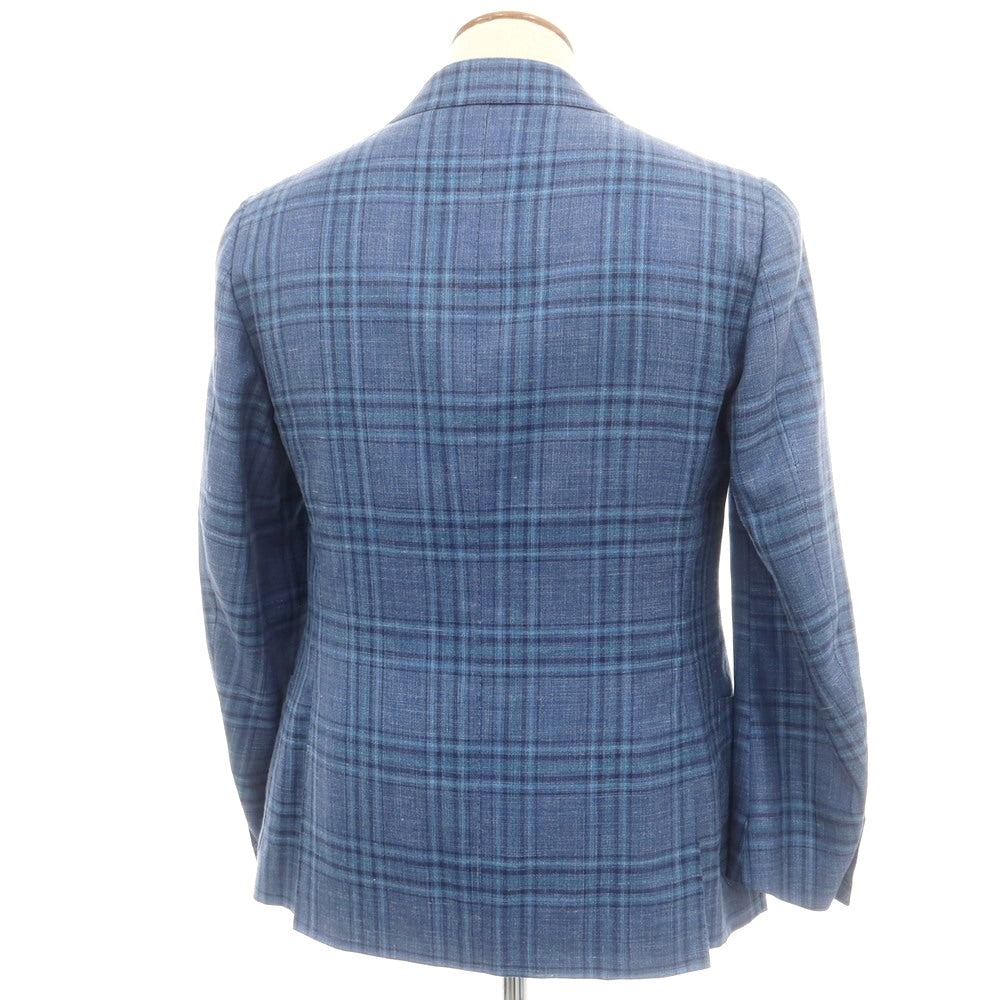 【中古】チェーザレ アットリーニ Cesare Attolini カシミヤシルクリネン チェック 3B テーラードジャケット ダークブルー【 48 】【 状態ランクB 】【 メンズ 】