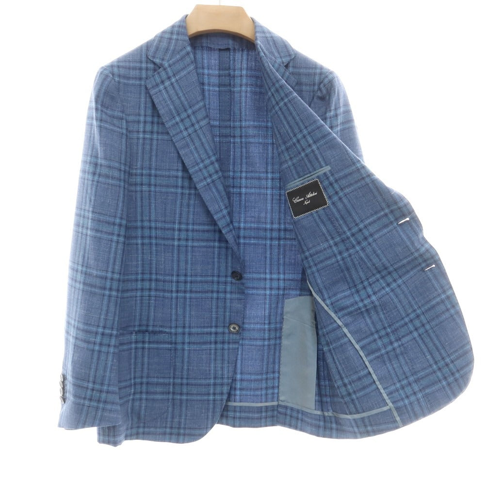 【中古】チェーザレ アットリーニ Cesare Attolini カシミヤシルクリネン チェック 3B テーラードジャケット ダークブルー【 48 】【 状態ランクB 】【 メンズ 】
