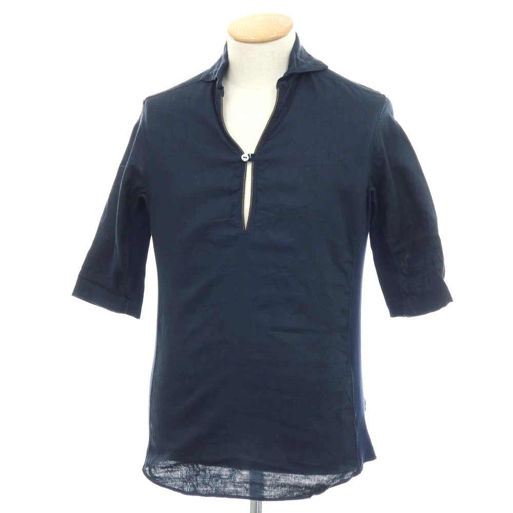 【中古】ジュンハシモト junhashimoto リネン ジャージー切り替え 5分袖 カプリシャツ ネイビー【サイズ2】【 状態ランクC 】【 メンズ 】