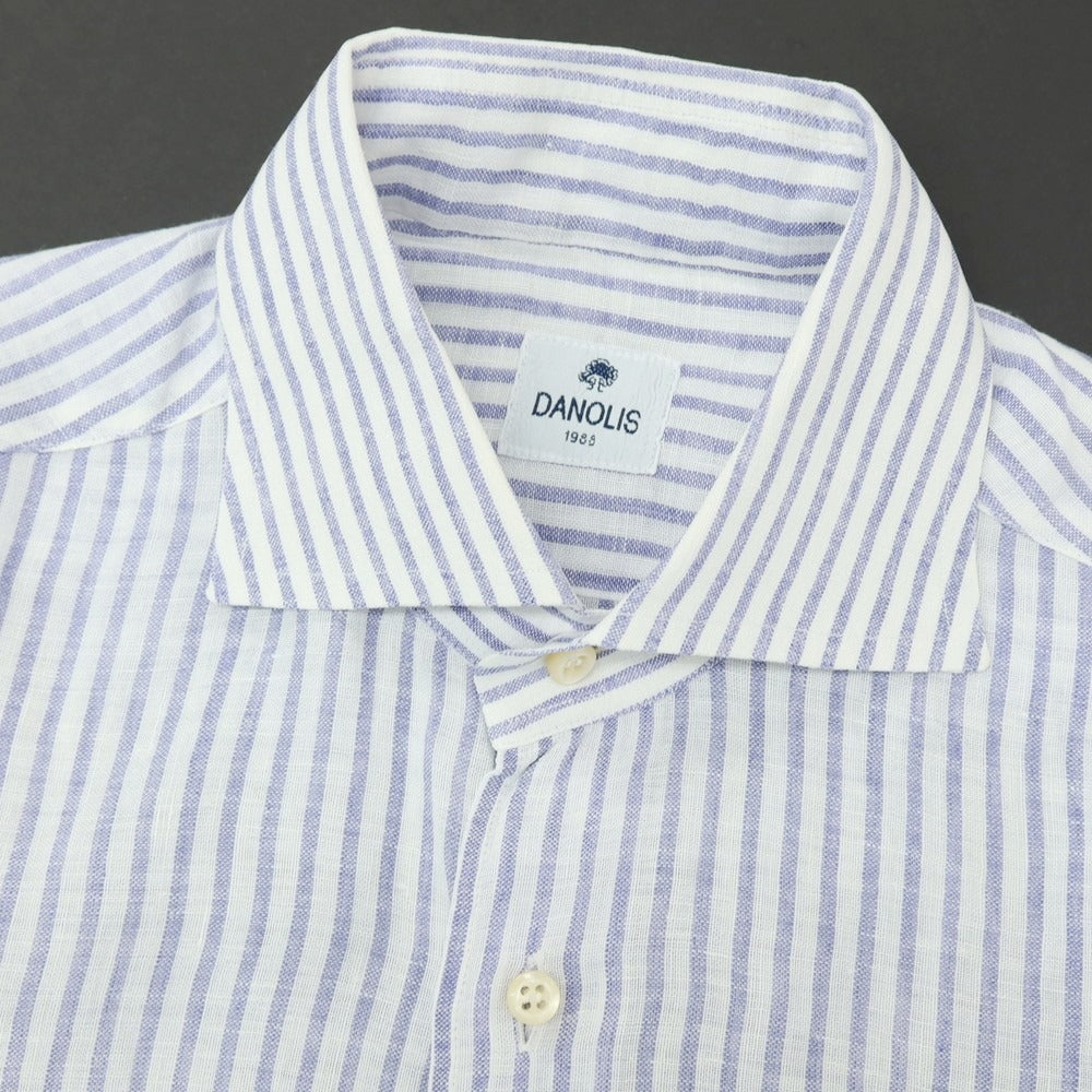 【中古】ダノリス DANOLIS リネン ストライプ ワイドカラー カジュアルシャツ ホワイトxパープルネイビー【サイズS】【 状態ランクC 】【 メンズ 】