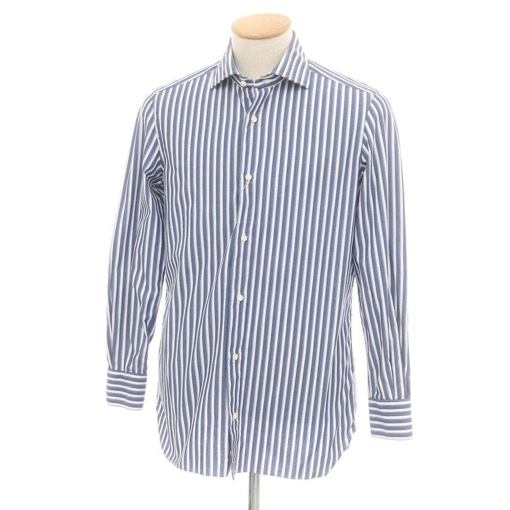 【中古】ルイジ ボレッリ Luigi Borrelli コットン ストライプ ワイドカラー カジュアルシャツ ネイビーxホワイト【 38 】【 状態ランクC 】【 メンズ 】