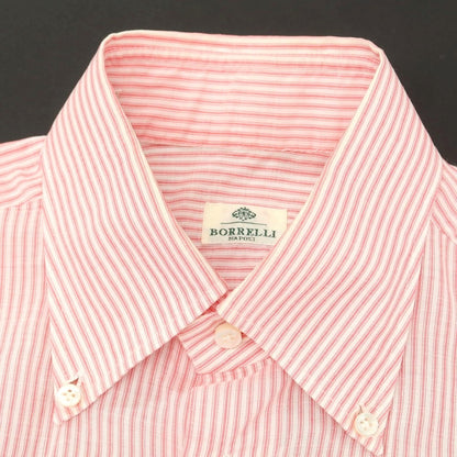 【中古】ルイジ ボレッリ Luigi Borrelli コットン ストライプ ボタンダウン カジュアルシャツ レッドxホワイト【 38 】【 状態ランクC 】【 メンズ 】