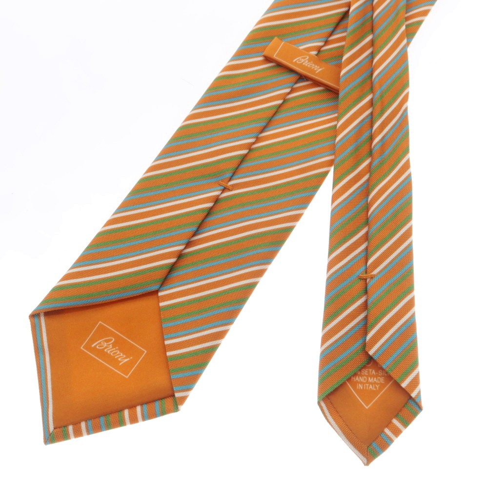 【中古】ブリオーニ Brioni シルク プリント ストライプ柄ネクタイ オレンジxマルチカラー【 状態ランクB 】【 メンズ 】