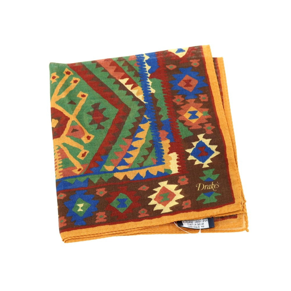 【新品】ドレイクス DRAKES ウールシルク プリント ポケットチーフ ブラウン×グリーン系【 状態ランクN 】【 メンズ 】