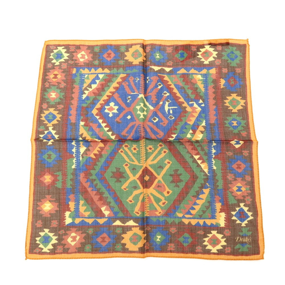 【新品】ドレイクス DRAKES ウールシルク プリント ポケットチーフ ブラウン×グリーン系【 状態ランクN 】【 メンズ 】