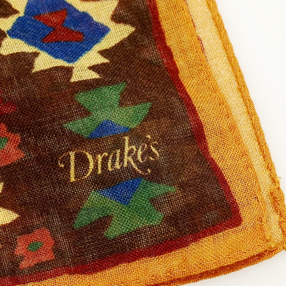 【新品】ドレイクス DRAKES ウールシルク プリント ポケットチーフ ブラウン×グリーン系【 状態ランクN 】【 メンズ 】