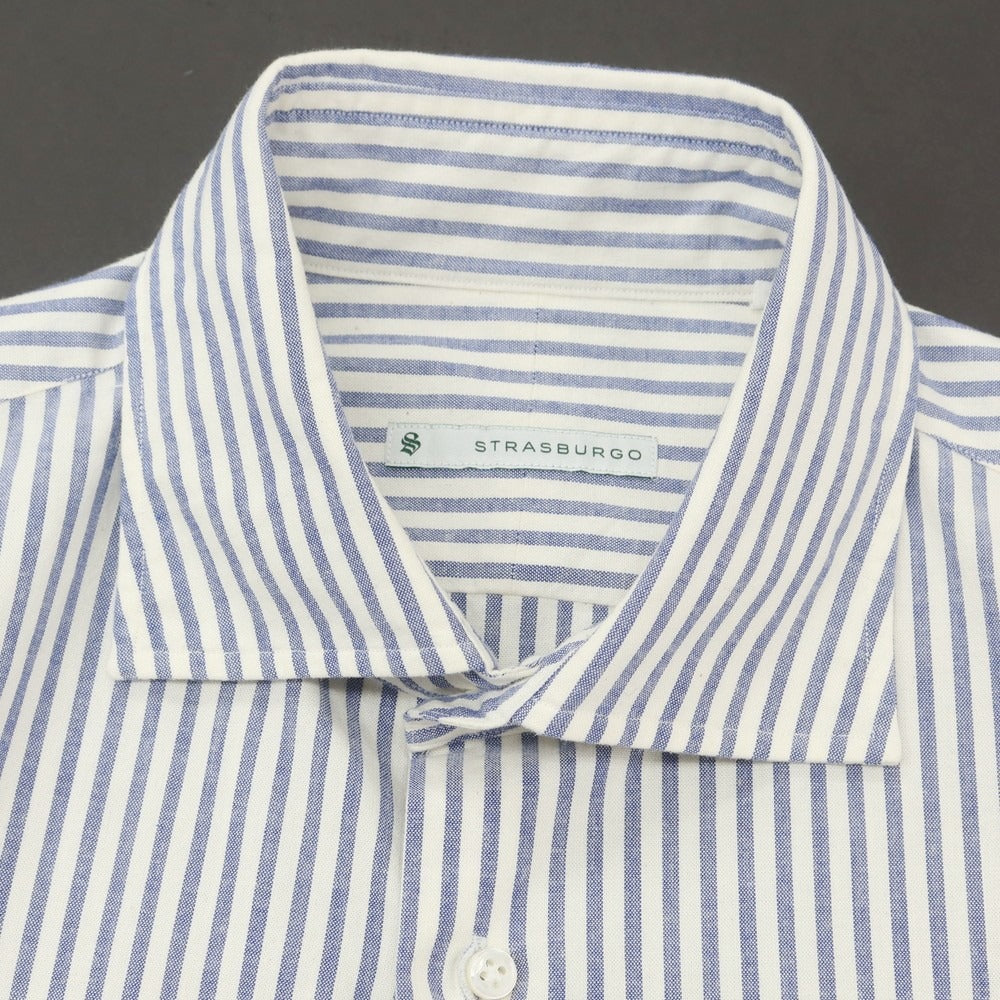 【中古】ストラスブルゴ STRASBURGO コットン ストライプ ワイドカラー カジュアルシャツ ホワイトxブルー【 XL 】【 状態ランクB 】【 メンズ 】