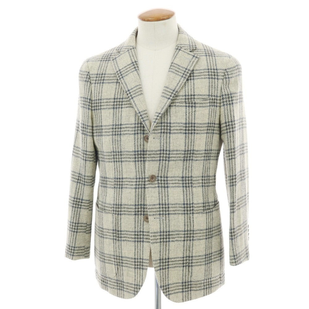 【中古】サルトリアピスケス Sartoria Pisthes ウール チェック 3B テーラードジャケット グレーベージュxネイビー【 48 】【 状態ランクB 】【 メンズ 】