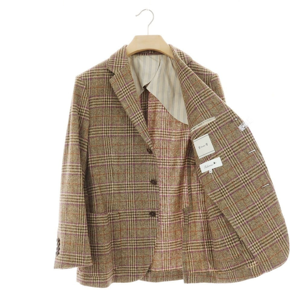 【中古】クリケット CRICKET × Fukurou ウール チェック 3B テーラードジャケット ベージュxブラウン×パープル【 サイズ48 】【 状態ランクB 】【 メンズ 】 [APD]
